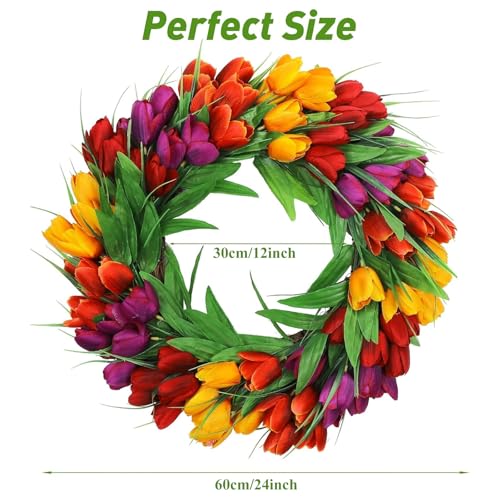 U'Artlines 24 Inch Tulip Wreath for Front Door, Spring Summer Silk Wreath with Green Leaves Artificial Tulip Flower Wreaths for All Seasons Window Wall Wedding Valentines Day Decor - color: Red Yellow Purple, size: 24 Inch