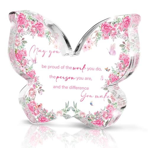 Thank You Teacher Appreciation Week Gifts for Women, Pink Butterfly Acrylic Sign Desk Table Decor, Mothers Day Gift for Mom, Graduation Retirement Party Present for Coworker Boss Nurses - color: White Red