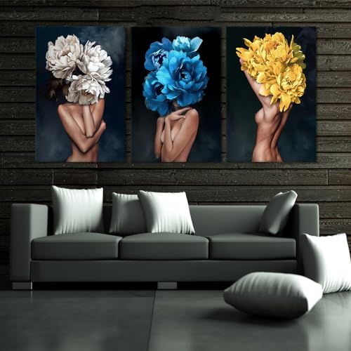 Sexy Women Pictures Wall Decor 3 Panels Nude Girls Painting Girls with Flowers Head Canvas Prints Artwork Living Room Bathroom Decor Wooden Framed Ready to Hang - 24"W x 36"H x 3pcs - color: Art01, size: 24x36x3pcs