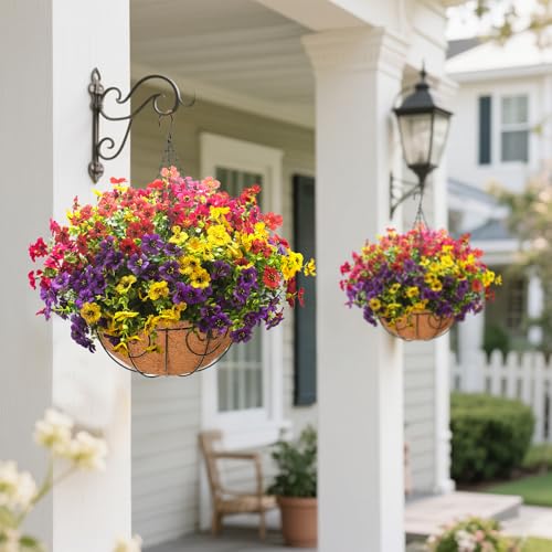 Grunyia Artificial Hanging Flowers Basket with Colorful Silk Daisies & Eucalyptus - UV/Sun-Resistant Plant for Outdoor Porch, Patio, Balcony - Indoor/Outdoor Home Decor