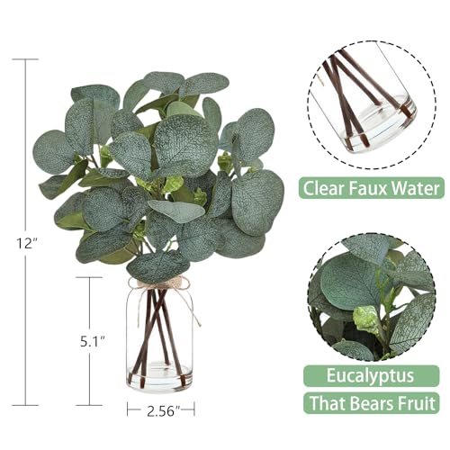 Artificial Eucalyptus Stems in Glass Vase with Faux Water,Artificial Plants Eucalyptus Leaves for Shelf Desk Bathroom Farmhouse Room Coffee Table Home Decor, Central Decoration. - color: Eucalyptus Leaves 5