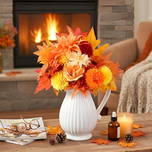 Giegxin 87 Pcs Artificial Thanksgiving Flowers Bouquets Fall Chrysanthemums Ball Flowers Maple Leaf Sunflower Head Accessories for Thanksgiving DIY Wreath Floral Arrangements Table Centerpiece Decor - style: Chrysanthemum