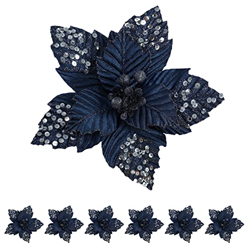 Pretty Jolly 11 inch Large Christmas Glitter Poinsettia Flowers Artificial Gold Flowers Artificial for Decoration Xmas Flowers Christmas Tree Decoration New Year Ornaments Navy 6pcs