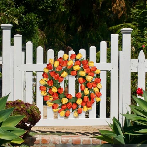 24 Inch Tulip Summer Wreath for Front Door Spring Silk Wreath with Green Leaves Artificial Tulip Flower Wreaths for All Seasons Farmhouse Porch Wall Living Room Home Widding Decor-Orange - color: Orange