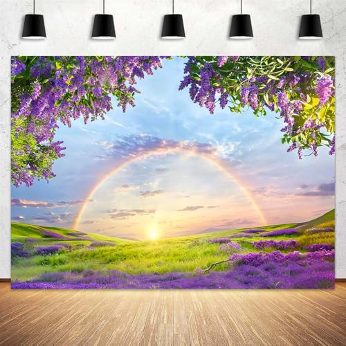 10 X 6 ft Lavender Flower Field Backdrop Photography backdrops Purple Flower Lavender Green Grass Lilac Flowers Sunset Sky Rainbow Party Background Photography Studio Backdrop - size: 10x6.5ft