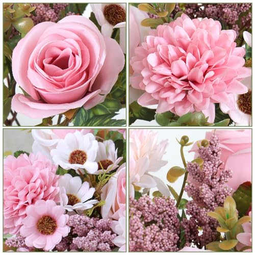Dremisland Artificial Flowers Like Real Artificial Bouquet 4 Packs Silk Artificial Roses Bouquet with Daisy Chrysanthemum Pink Flowers for Valentines Day Centerpiece Table Wedding Party Decor - color: Pink, size: 4PCS