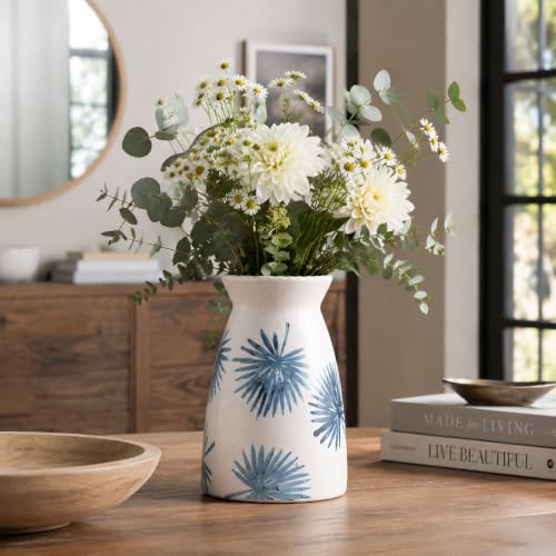 hjn Teal Ceramic Vase Modern Minimalist Table Centerpiece, Round Smooth Flower Holder for Living Room, Shelf, Mantel, Wedding & Home Decor -Cream-7" H - color: Teal White-7inch