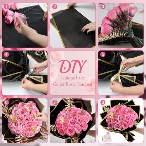 Pink Glitter Roses Bouquet - 24 Pcs DIY Glitter Flowers Bouquets Artificial Everlasting Elegance Shiny for Graduation Gifts Anniversary Birthday Wedding - color: Pink