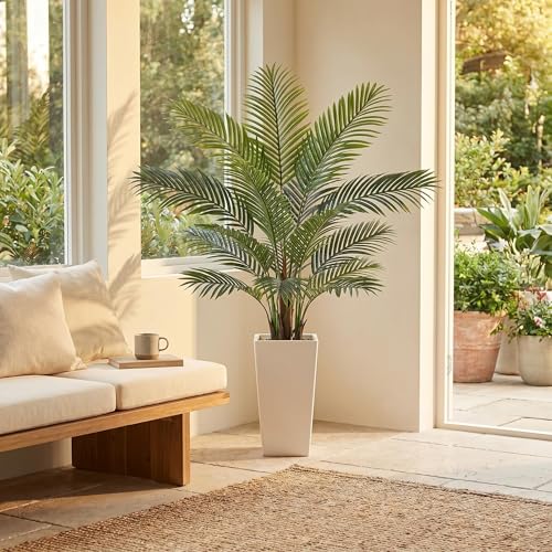 Garvee 5FT Artificial Palm Tree, Tall Faux Tropical Areca Plants with White Tall Planter, Fake Potted Tree with Lifelike Leaves for Indoor Living Room Bedroom Home Office Decor