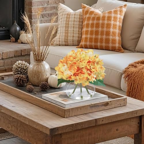 Hydrangea Artificial Flowers in Glass Vase, Orange Silk Fake Flowers Silk Centerpiece Table Decorations for Dining Room， Coffee Table Decor，Wedding, Home with Faux Water Decor（Orange） - color: Orange