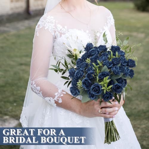 Zeyune 8 Pack Artificial Mini Dark Blue Roses, 12 Inch Fake Flowers with Stems, 80 Small 1.6 Inch Flower Heads, Silk Mini Rose Bouquets for Wedding Centerpieces, Bridal Bouquets, Home Party Decor - color: Dark Blue