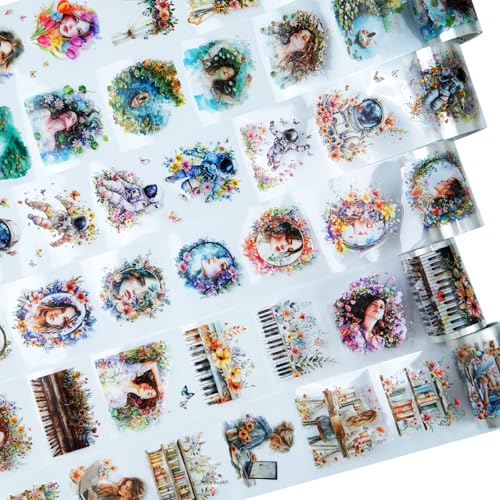 Dreamy Floral PET Tape Set with Clip, 6 Rolls Pre-Cut Vintage Tape for Journaling, Scrapbooking, DIY Crafts, and Planners - color: Meadow Wander