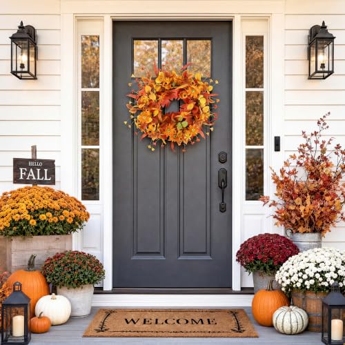 20" Fall Wreath Front Door Artificial Daisy Wall Decor Farmhouse Autumn Wreath Thanksgiving Home Porch Outdoor Indoor Holiday Harvest Decor - color: Gold, size: 20''