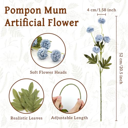 8pcs Blue Fake Flowers Silk Pompon Mum Artificial Flowers,Mini Artificial Chrysanthemums with Stems,Faux Flowers For Vase,for Wedding Centerpieces, flower arrangements, vase fillers, and home decor - color: Blue