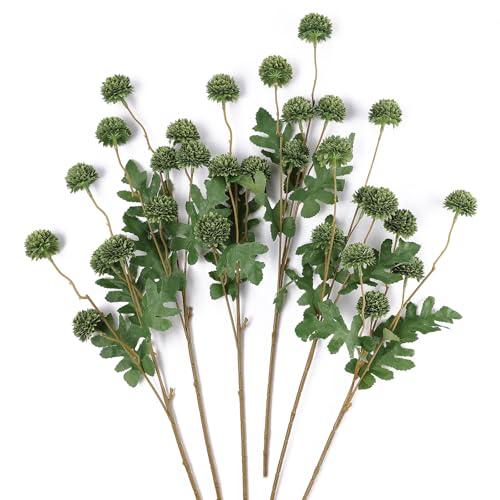 mizii 6Pcs Green Fake Silk Pompon Mum Artificial Flowers Bulk Small Faux Chrysanthemums with Stems Realistic Floral Decorations for Wedding DIY Bouquet Centerpieces Shower Vase Home Decor (Green) - color: Green