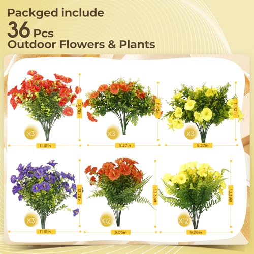 Artificial Morning Glory UV Resistant Outside 36 pcs 4 Colors Garden Artificial Flowers Outdoors, Realistic Faux Silk Morning Glory Fake Morning Glory Plants for Porch Planters Window Wedding Decor - color: Red ＆yellow ＆ Orange ＆purple（with Green Ferns）,