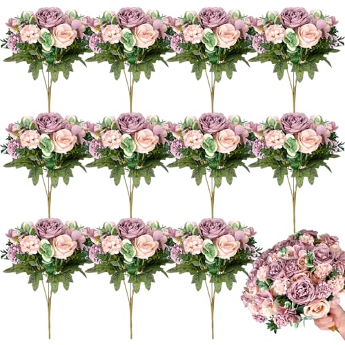 Olgaa 12 Bundles Peonies Artificial Flowers Silk Flowers Faux Peony Fake Peony Hydrangea Flower Bouquet Bulk for Vase Filler Centerpiece Table Decorations Wedding Arch Flowers (Champagne Purple) - color: Champagne Purple