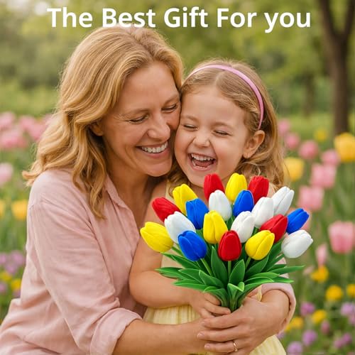 20 Pcs Tulips Artificial Flowers, 13.5'' Real Touch PU Fake Flowers Bouquet for Home Party, Spring Wedding Floral Arrangement, Valentine's, Easter and Mother's Day Decor (Yellow,Red,Blue) - color: Yellow,red,blue