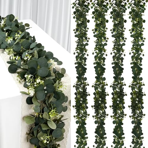 YIJXPOIN Eucalyptus Garland, 8 Packs 6FT Green Flower Garland Decor, Artificial Faux Eucalyptus Leaves Greenery Vines for Table Runner Wedding Bedroom Mantle Centerpieces Backdrop Decorations - color: 8pack