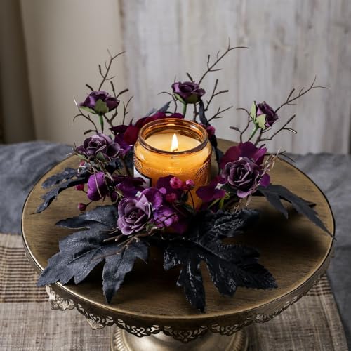 Halloween Candle Ring Artificial Flower Wreath Black Purple Floral Candle Holder 9.84” Tables Centerpieces Home Kitchen Farmhouse Decor - color: Halloween