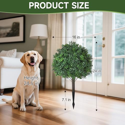 Boxwood Topiary Balls Artificial Outdoor Set of 2,UV Resistant with Spike Faux Plants for Garden,Indoor, Porch,Yard, Balcony Decor - color: Boxwood, size: 24x16''