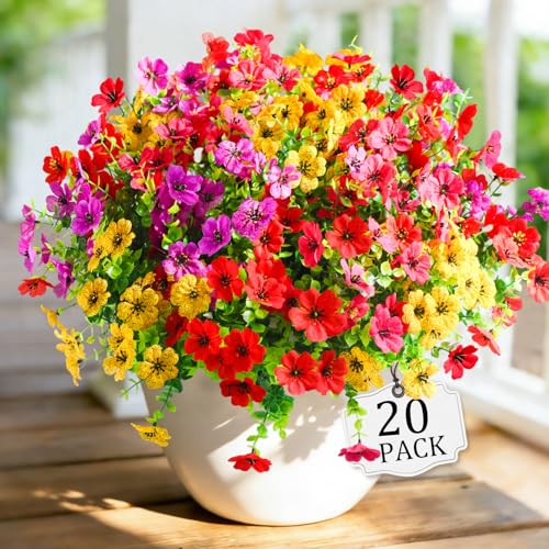 20 Pcs Artificial Flowers for Outdoors Fake Flowers UV Resistant, Artificial Plants Outdoor Indoor Faux Plastic Fake Plants for Planter Front Door Garden Porch Yard Home Decor(Pink Red Purple Yellow) - color: Pink Red Purple Yellow, size: 20 Pcs