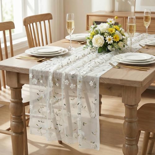 Artoid Mode Apricot 3D Flower Gauze Embroidery Table Runner 120 Inch 10FT, Tulle Seasonal Spring Kitchen Dining Holiday Table Decor for Home Party - color: White-apricot