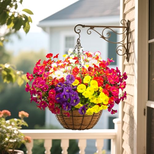 Grunyia Artificial UV Resistant Morning Glory Flowers with Eucalyptus - 16 Bundles Faux Silk Plastic Mixed Color Fake Plants for Outdoor Indoor Porch Patio Planter Yard Garden Home Decor - color: Mix(white,yelow,orange,red,purple,pink,fuchsia, Rose Red)
