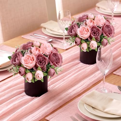 Pre-Made Flower Table Centerpieces, Set of 6 Artificial Silk Peonies with Black Vase for Wedding Reception, Modern Floral Decor for Birthday Party, Anniversary Ceremony - Vintage & Pastel Pink - color: Vintage Pink & Pastel Pink
