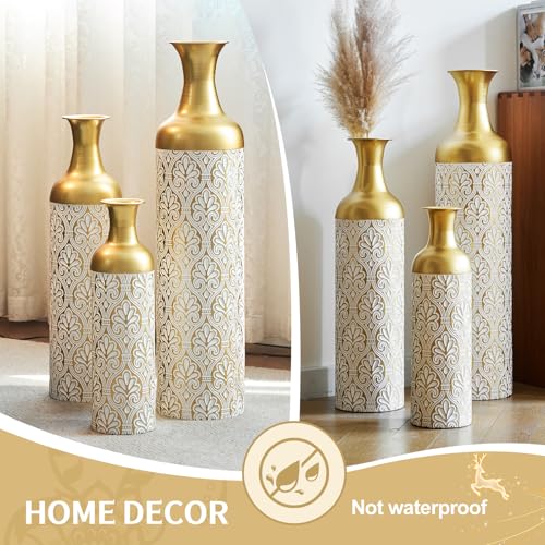 Floor Vases, Tall Home Decor Metal Vase Set of 3 Large Glazed Decorative Vases for Wedding Decor, Elegant Modern Flower Holder for Living Room, Entryway, Hallway (Golden White, Set of 3) - color: Golden White