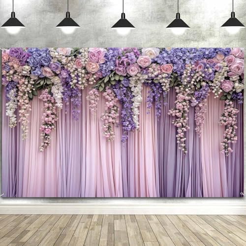 5x4ft Purple Flower Wedding Photography Backdrop Lavender Floral Wedding Bridal Photography Backdrop Anniversary Birthday Baby Shower Girl Party Banner Photo Booth Props Background Wall Decor - color: Multi2, size: 5X4FT
