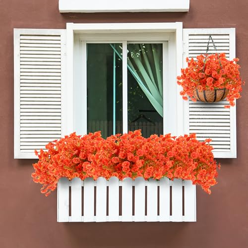 Artificial Flowers for Outdoors 12 Bundles Realistic Faux Plants UV Resistant Fake Silk Morning Glory with Eucalyptus for Front Door Planter Patio Porch Fall Thanksgiving Autumn Decoration (Orange) - color: Orange