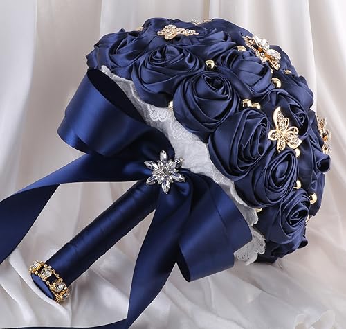 Sharebeauty 9.4" Handmade Satin Rose Bridal Bouquet Toss Round Wedding Bouquet Throw Toss Artificial Flower Bunch Navy Blue - color: 809a Navy Blue, size: 9.4"/24cm