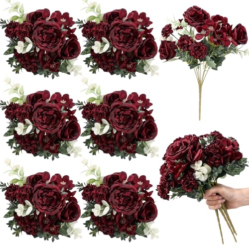 Wavwavw 6 Pcs Artificial Peony Silk Florals Fake Mix Silk Peony Rose Faux Flower Hydrangea Bouquet Elegant Realistic Wedding Floral Centerpiece for Home Party Table Arrangement (Red) - color: Red