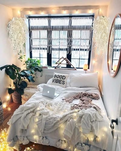 Spring Fake Hanging Plants Artificial Vines Outside Fake Plant Faux Hanging Plants Indoor Money Plants for Room Wedding Proch Yard Outdoor Home Wall Kitchen Bathroom Decoration in 3 Pcs(Pure White) - color: Pure White, size: Hanging Plants With Lights