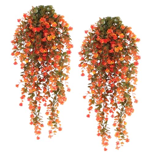RECUTMS 4Pcs Artificial Fall Flowers Fake Eucalyptus Leaves with Flower Plastic Ivy Greenery Leaf Autumn Artificial Hanging Plants for Thanksgiving Home Garden Wall Bedroom Wedding Decor Orange - color: Style3-orange