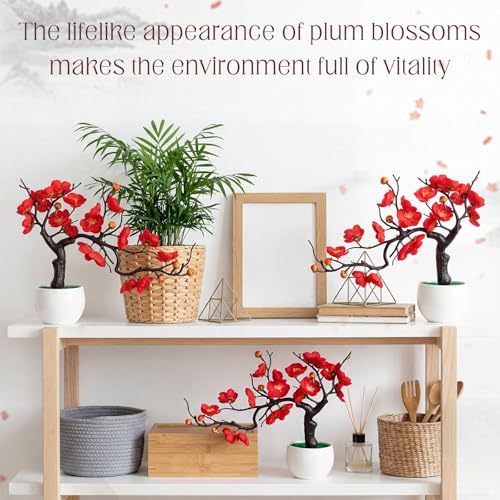 Suncalla 4 Pack Artificial Red Plum Blossom Fake Bonsai, Silk Flower Arrangement with Flower Pot, Cherry Blossoms Decor for Hibachi Party Chinese Japanese Asian Theme Party Supplies (Lateral) - style: Lateral
