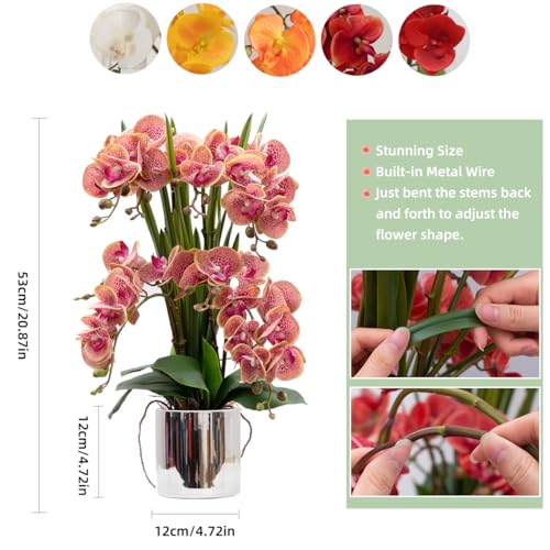 CXGS Artificial Orchid Flower Plants Real Touch Faux Orchids in Ceramic Vase 20.9'' Purple Dapple Phalaenopsis Orchid Fake Flower Arrangement Home Indoor Decor - color: Purple Dapple- Silver (12cm)