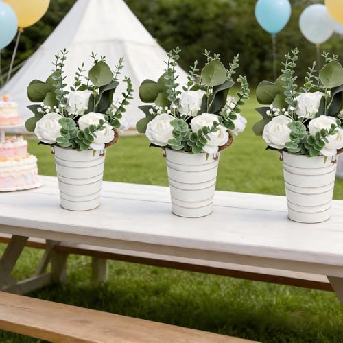Artificial Flowers in Pot - 10 Inches Pre-Made Large Faux Silk Rose Floral Greenery Table Centerpieces with Rustic Tall Metal Vase for Farmhouse Home Decoration - White - color: White, size: 1 X Flowers Table Centerpiece