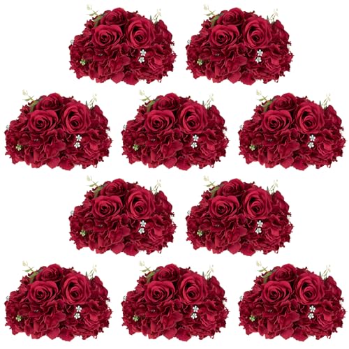NUPTIO Flower Balls for Centerpieces Wedding: 10 Pcs 11.8 inch Diameter Artificial Flower Ball Arrangement Bouquet Centerpiece for Tables - Burgundy Fake Rose Flowers for Wedding Decor - color: Burgundy, size: 11.8" Diam - 10 PCS