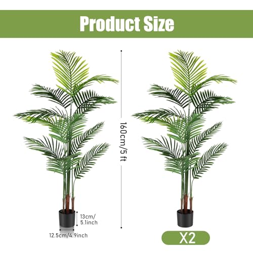 Jexine 2 Pack Artificial Palm Trees 5Ft, Fake Plants Fake Trees Artificial Areca Palm Plants for Outdoor Indoor Faux Palm Tree in Pot for Pool Home Decor Office Housewarming Gift Modern Decoration - size: 5 feet