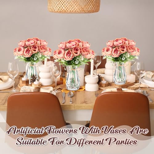 Zeyune 37 Pack Artificial Peonies Flowers with Bud Vase Bulk 24 Bundles Silk Peonies Bouquets 12 Plastic Clear Vase with 1 Rope Fake Flowers for Table Centerpiece Vases(Coffee,Perfume) - color: Coffee, style: Perfume