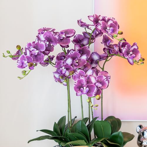 DUYONE 35 Inch Artificial Butterfly Orchid Flowers 4 Pcs with 4 Bundles Leaves Artificial Orchid Flowers Stem Plants for Home Décor (Deep Purple) - color: Deep Purple 4pcs With 4 Leaves