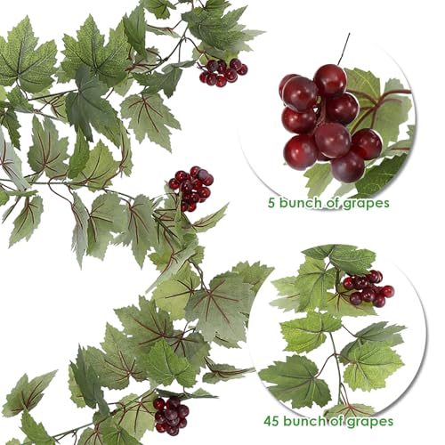 Artificial Grape Vine Leaf Garland Plant with 5 Strings Grapes, 6.5ft Artificial Fake Grape Vines Fake Greenery for Wedding Party Home Indoor Outdoors Decoration(Spring Grape Leaf Garland) - color: Spring Grape Leaf-2pcs