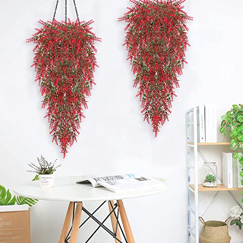 RECUTMS Artificial Fall Lavender Hanging Plants, 4 Pcs 30.3 Inch, | UV Resistant Plastic, Faux Trailing Greenery for Home,Room,Garden Wedding,Porch,Indoor,Outdoor Decor, Easy Care, DIY Friendly - color: Red