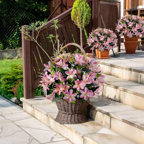 14'' Artificial Plants Fake Lily Flowers in Pot for Home Garden Indoor Outdoor Spring Summer Decorations (Rose Red) - color: Rose Red
