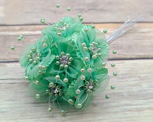 72PC Artificial Organza Flower Rhinestone Pick for Home Craft Decor DIY Wedding Bridal Veil Headband Dress Cake Topper Embellishment Scrapbook Favor Corsage Floral Bouquet Arrangement (Mint Green) - color: Mint Green