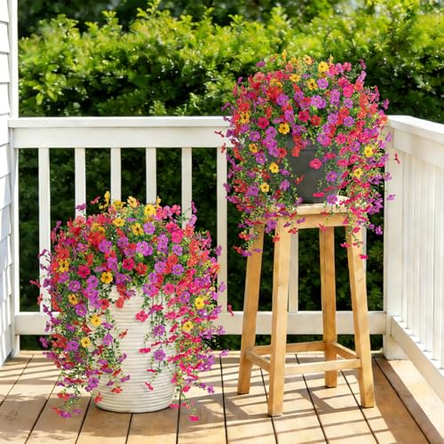 8 PCS Fake Artificial Hanging Flowers for Outdoors Decoration, Faux UV Resistant Artificial Outdoor Flowers, Fake Plants Look Real Daisy No Fade Spring Decor for Porch Home Patio Balcony and Yard - color: Hanging Flower (4 Multicolor)