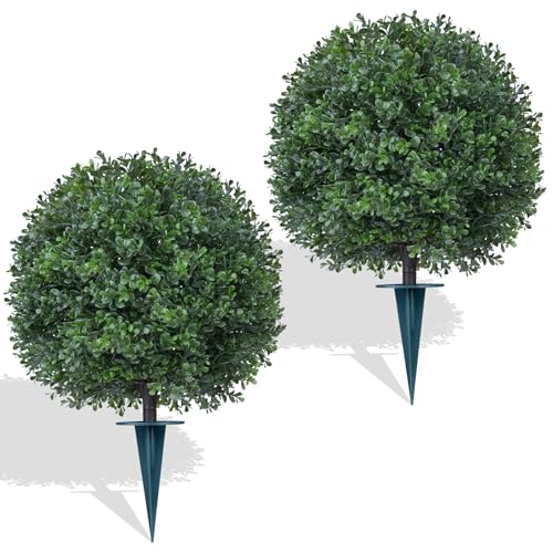 Yangrass 2 Pcs Artificial Boxwood Topiary Ball Trees, All-Season Outdoor Shrubs with Spikes, Decorative Evergreen Topiary Bushes for Front Porch, Garden - color: Boxwood