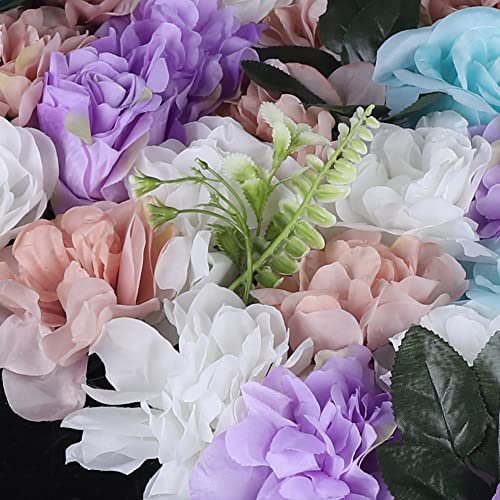 12 Pcs Artificial Flower Wall Panels 60x40cm 3D Flower Background for Wall, Wedding Flower Decorations Wall Silk Rose Panels for Candy Wall, Photo Areas, Stage Background Wall(Dahlia + Rose + Leaf) - color: Light Blue + Purple